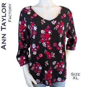 Ann Taylor Factory Top XL Black Pink Red Bold Floral Print 34 Sleeve Stretch